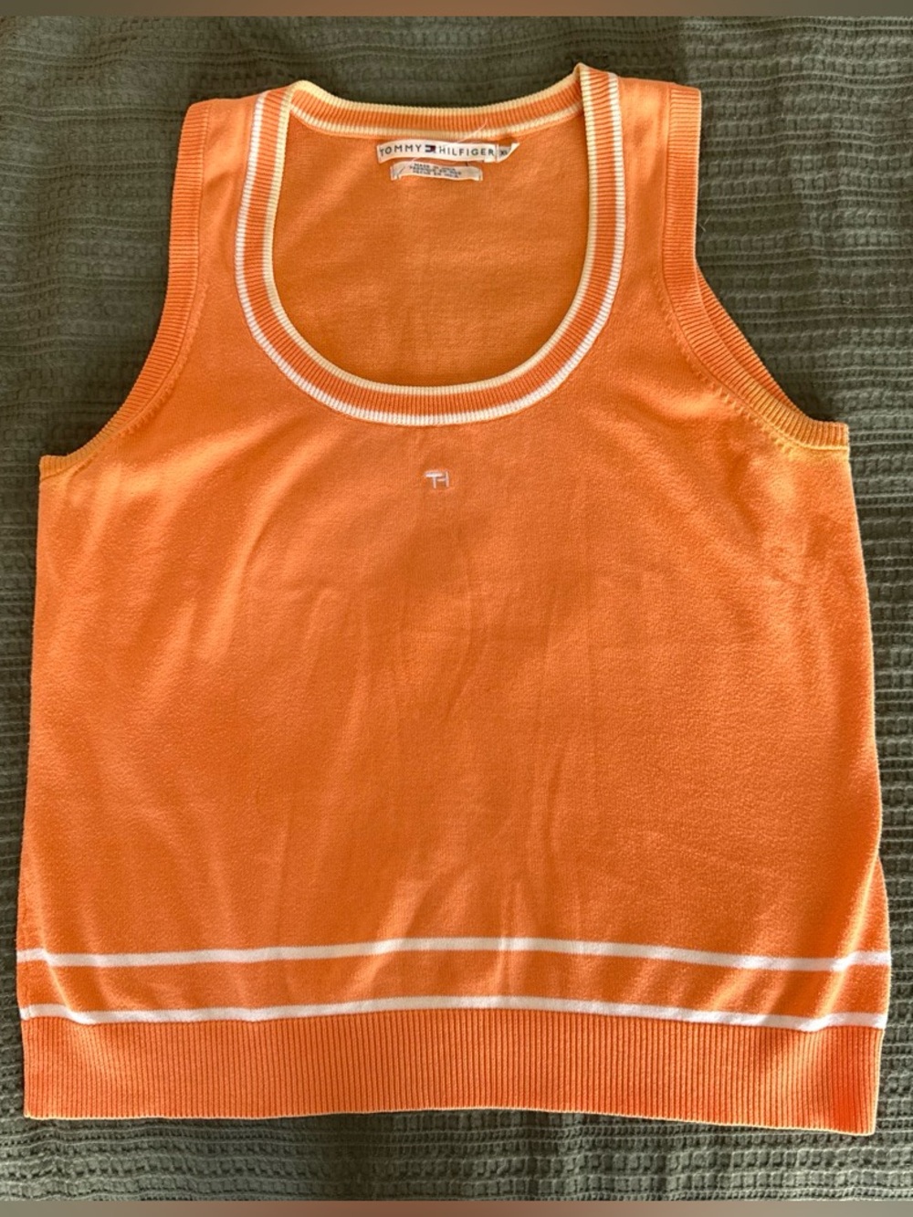 Vintage Tommy Hilfiger orange cotton sleeveless sweatervest w/ whitestriped trim